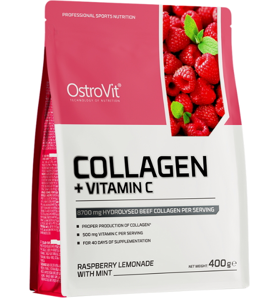 OstroVit Collagen + Vitamin C Pulveris ar Malinu un Citronu Garšu un Piparmētrām 400g