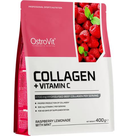 OstroVit Collagen + Vitamin C Pulveris ar Malinu un Citronu Garšu un Piparmētrām 400g