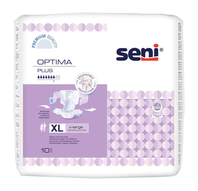 SENI Optima Plus XL (105-155 cm) — autiņbiksītes 10 gab. ietvaicīgums vidējam, smacīgam un ārkārtīgi smacīgam līmenim