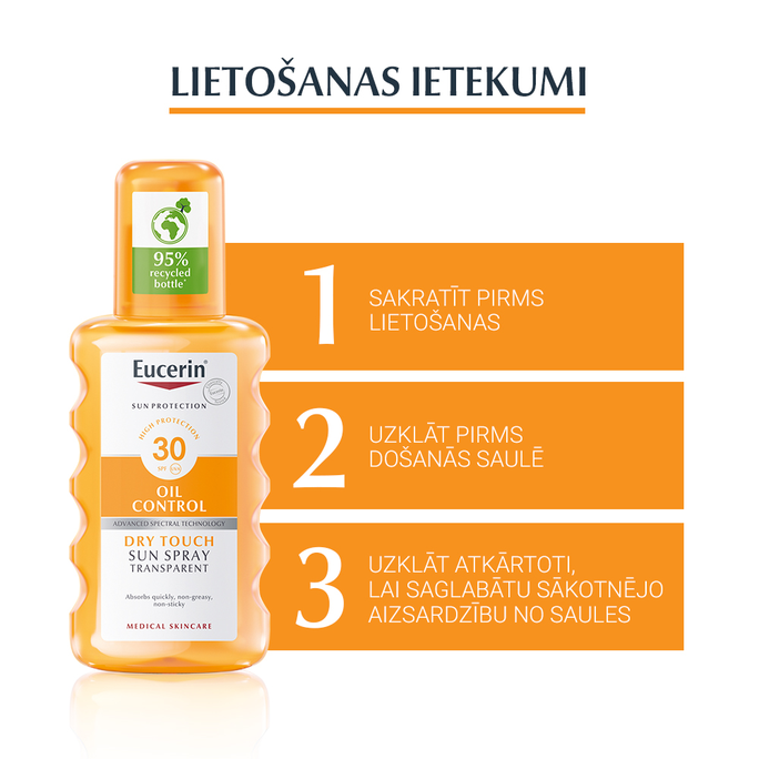 EUCERIN Sun Oil Control Dry Touch SPF30 200 ml izsmidzināms saules aizsarglīdzeklis ķermenim