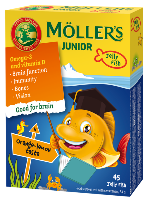 MÖLLER'S Junior želejas zivtiņas ar apelsīna un citrona garšu, 45 gab.