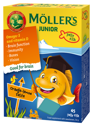 MÖLLER'S Junior želejas zivtiņas ar apelsīna un citrona garšu, 45 gab.