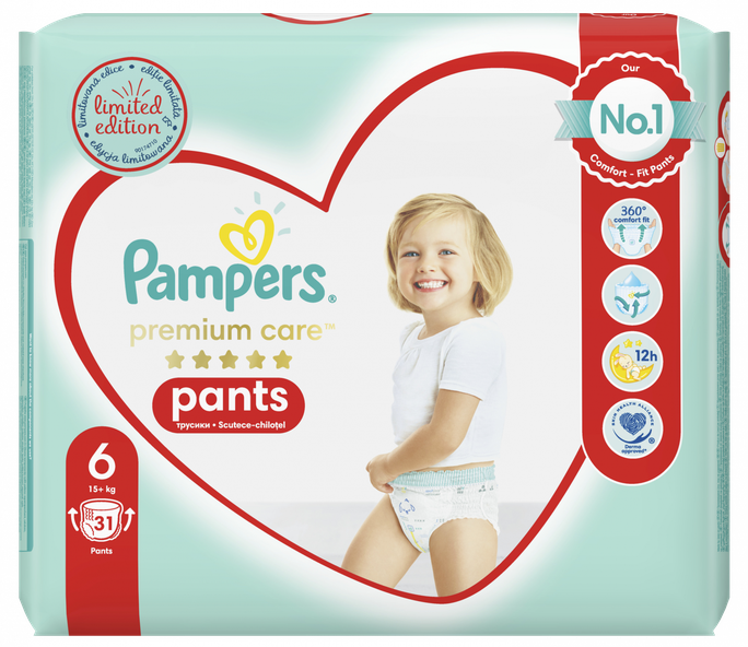 PAMPERS Premium Care 6 autiņbiksītes (15+ kg), iepakojums 31 gab.