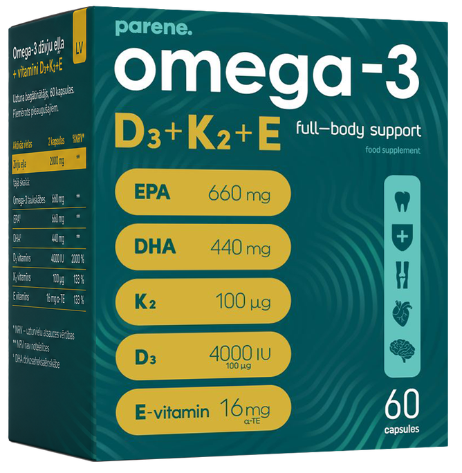 Omega-3 D3+K2+E kapsulas PARENE, 60 gab.
