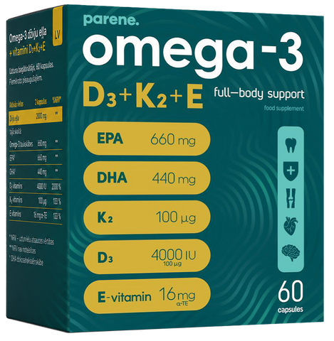 Omega-3 D3+K2+E kapsulas PARENE, 60 gab.
