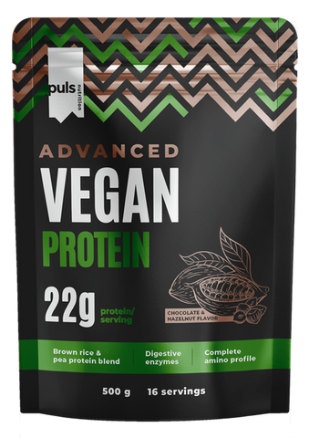 Šokolādes un Lazdu Riekstu Vegāns Proteīns Pulveris PULS NUTRITION Advanced — 500 g