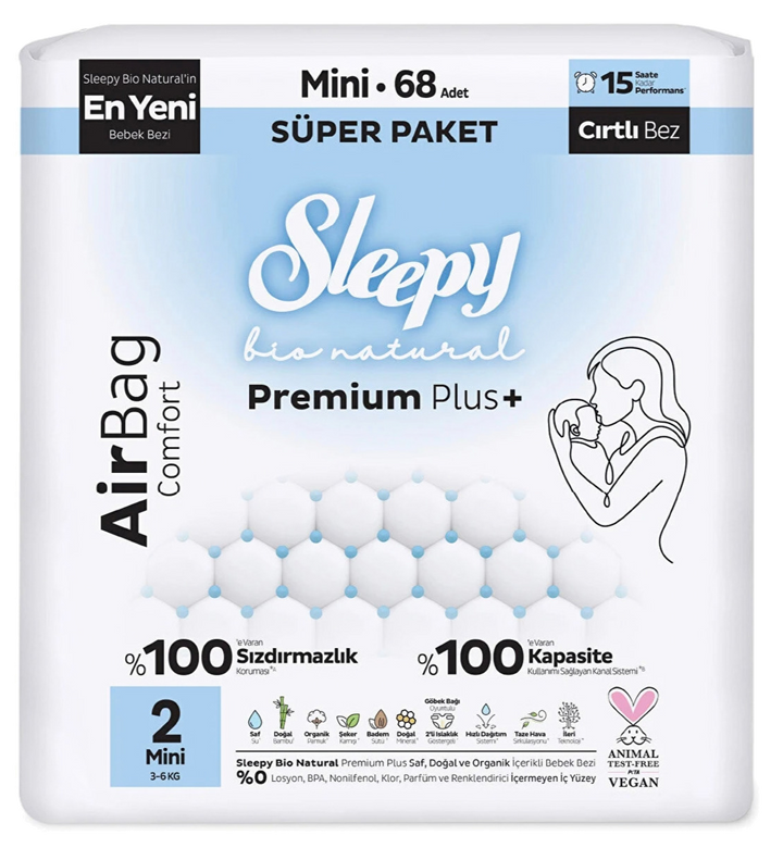 SLEEPY BIO Natural Premium Nr.2 Mini autiņbiksītes (3-6 kg), iepakojumā 68 gab.