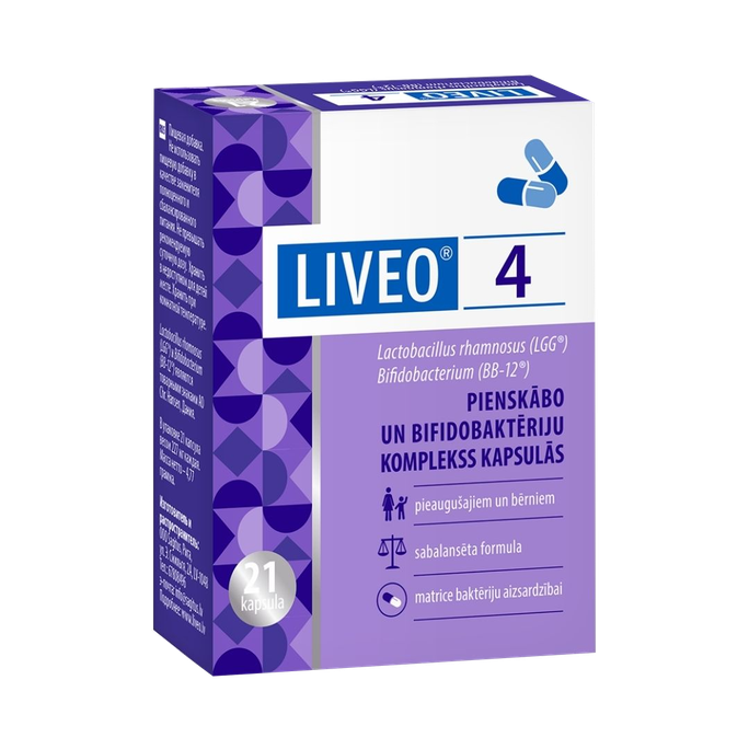 LIVEO – 21 kapsula iepakojums ar 4 baktēriju koloņām uz kapsulu