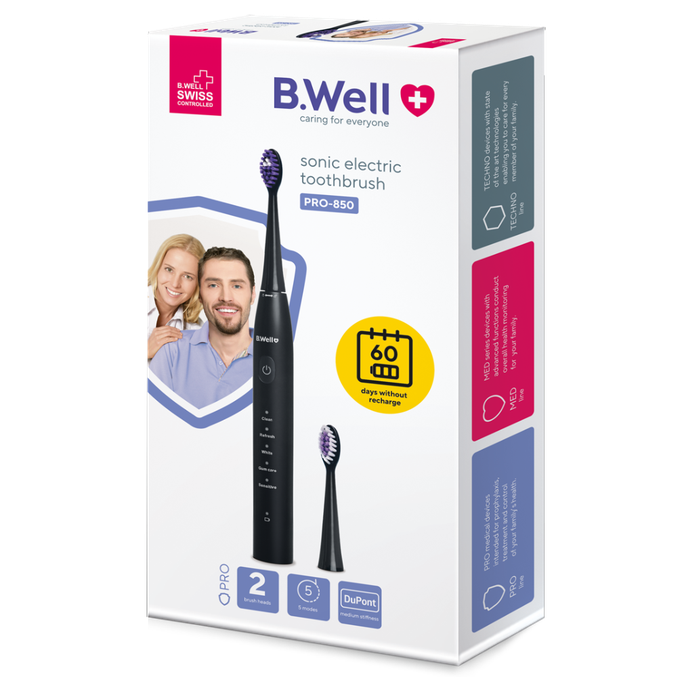 B.WELL Pro-850 Sonic melna soniskā zobu birste, 1 vienība
