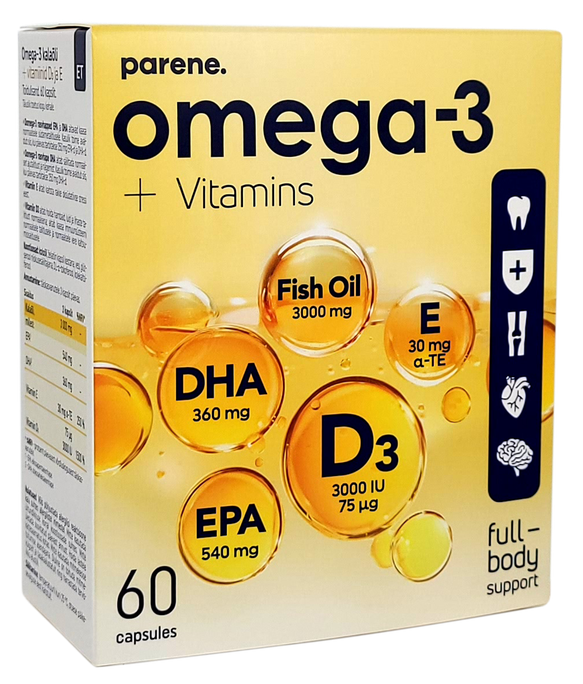 PARENE Kapsulas ar Omega-3, D3 un E vitamīnu, 60 gab.