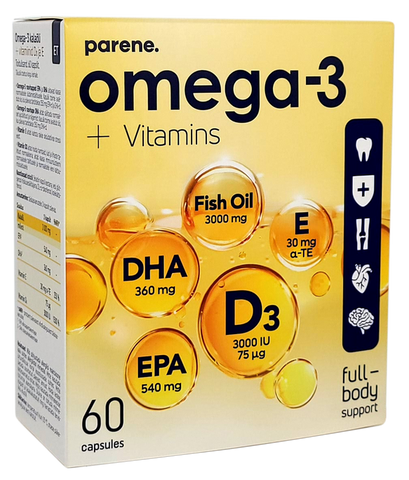 PARENE Kapsulas ar Omega-3, D3 un E vitamīnu, 60 gab.