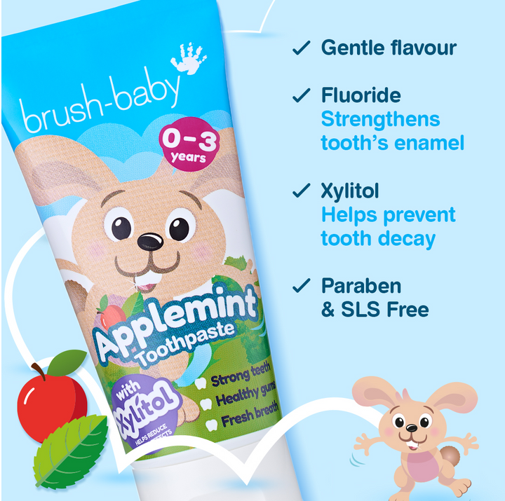 BRUSH BABY Zaķis, Applemint — zobu pasta bērniem 0–3 gadu vecumā, 50 ml