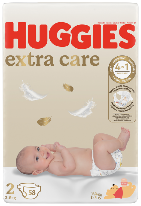 HUGGIES Extra Care 2 – autiņbiksītes jaundzimušiem 3–6 kg, 58 gabali