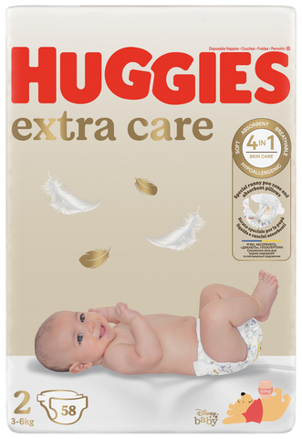 HUGGIES Extra Care 2 – autiņbiksītes jaundzimušiem 3–6 kg, 58 gabali