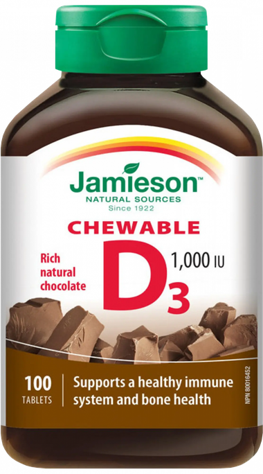 JAMIESON D vitamīns 1000 IU (25 µg) - Šokolādes garšas košļājamās tabletes, 100 gab.