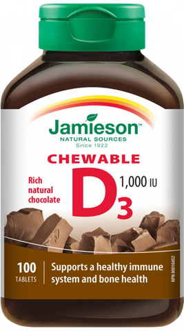 JAMIESON D vitamīns 1000 IU (25 µg) - Šokolādes garšas košļājamās tabletes, 100 gab.