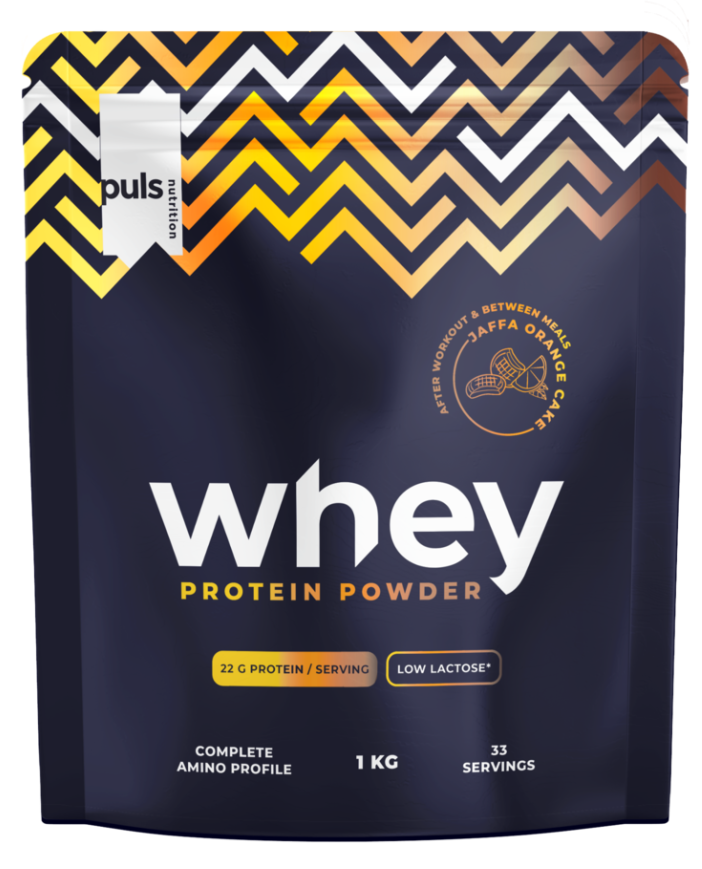 PULS NUTRITION Whey pulveris ar Jaffa apelsīnu kūkas garšu, 1000 g, zems laktozi