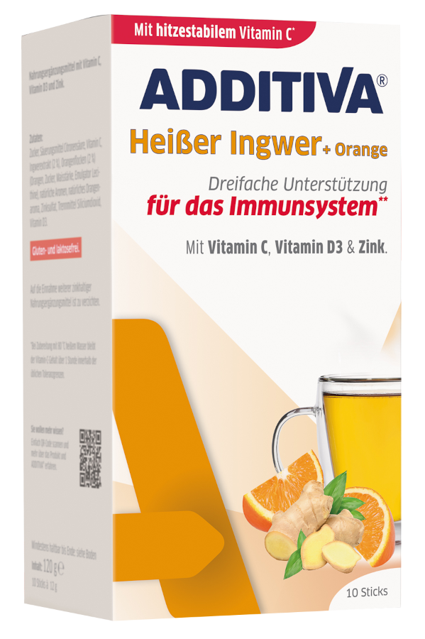Ingvera, apelsīna, C vitamīna, cinka un D3 vitamīna karstais dzēriens ADDITIVA - 10 paciņas
