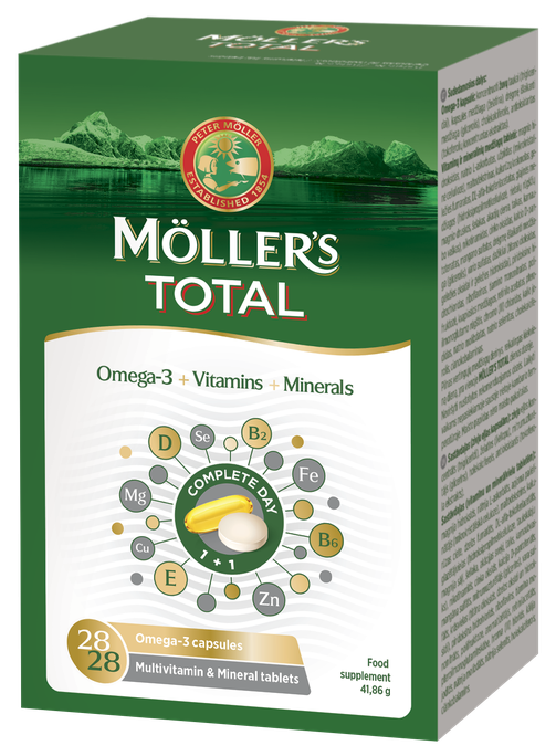 MÖLLER'S Total Omega-3 zivju eļļas kapsulas un tabletes, 56 gab.