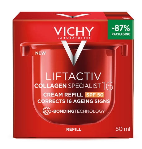 VICHY Liftactiv Collagen SPF50 sejas krēms uzpildes iepakojums, 50 ml