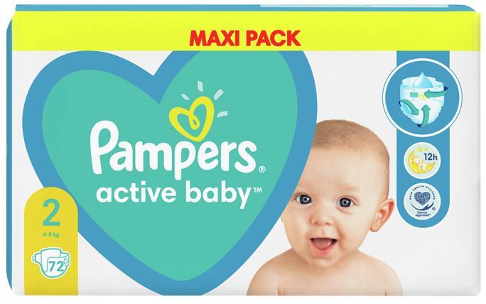 PAMPERS Active Baby Maxi 2 autiņbiksītes (4-8 kg), 72 gab.