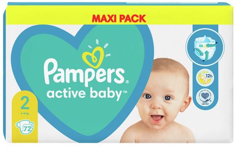 PAMPERS Active Baby Maxi 2 autiņbiksītes (4-8 kg), 72 gab.