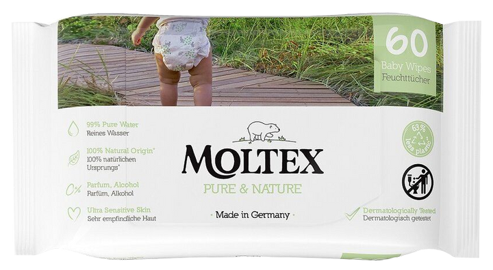 Moltex Eco Pure & Nature bērnu mitrās salvetes — 60 gabali