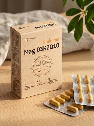 PREIMMU D3K2Q10 Mag kapsulas 30 gab. — komplekss nervu un kaulu veselībai
