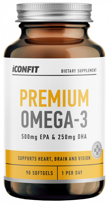 ICONFIT Premium Omega 3 mīkstās kapsulas: 500 mg EPA, 250 mg DHA, 90 gab.
