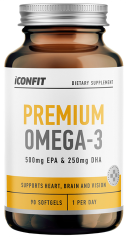 ICONFIT Premium Omega 3 mīkstās kapsulas: 500 mg EPA, 250 mg DHA, 90 gab.