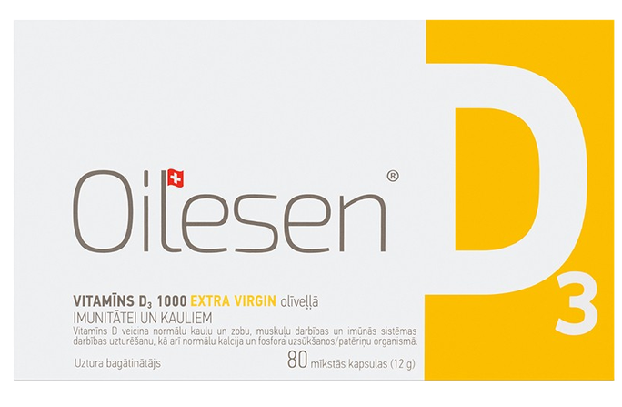 OILESEN VITAMĪNS D3 1000SV – 80 mīksto kapsulu iepakojums