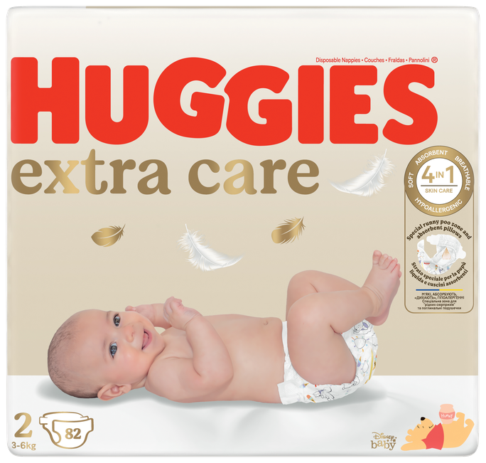 HUGGIES Extra Care 2 Mega Pack 3-6kg, 82 autiņbiksītes jaunpiedzimušiem