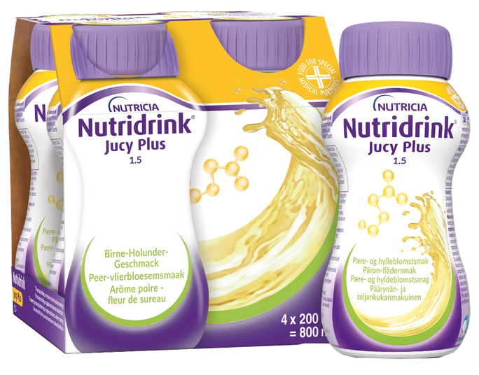 NUTRICIA Nutridrink Jucy Plus Bumbieru un Plūškokas Ziedu Garšas Dzēriens 200 ml, 4 glāzes