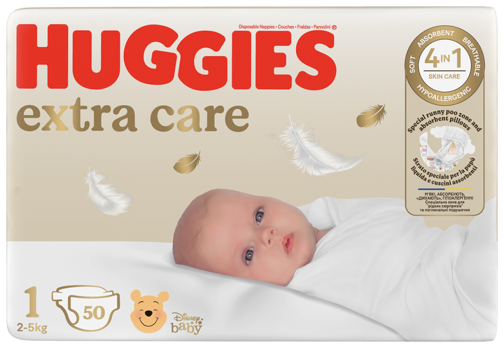 HUGGIES Extra Care 1 — autiņbiksītes jaundzimušiem (2-5 kg), 50 gab.