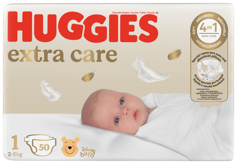 HUGGIES Extra Care 1 — autiņbiksītes jaundzimušiem (2-5 kg), 50 gab.
