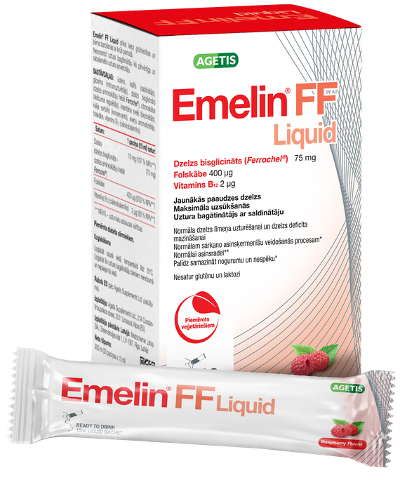 Emelin FF Liquid 75 mg/400 mcg/2 mcg – 20 g šķidras dzelzs formulas paciņas