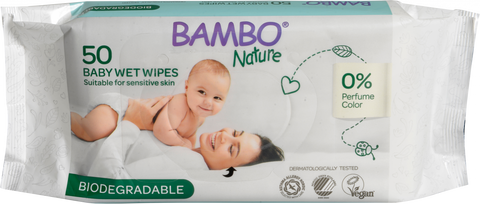 BAMBO NATURE Bioloģiski noārdāmās mitrās salvetes bērniem, 50 gab.