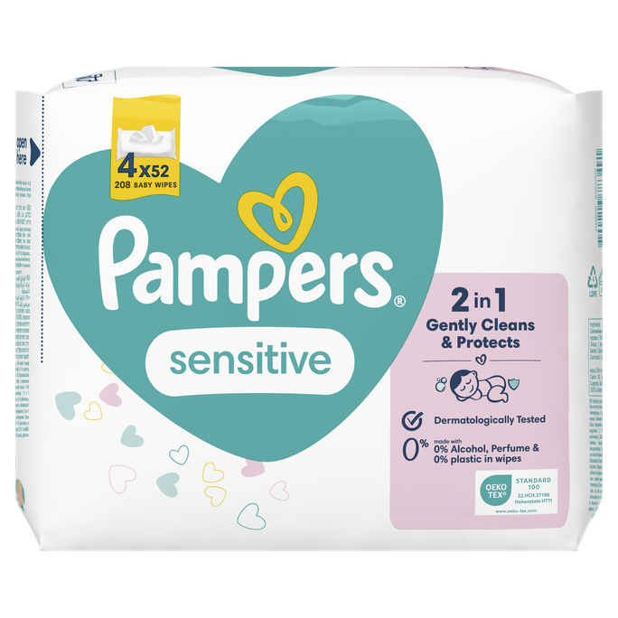 Mitrās salvetes PAMPERS Sensitive bez plastmasas, 208 gabali