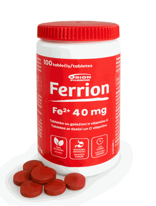 FERRION Tabletes ar dzelzi un C vitamīnu 40mg/60mg, 100 gab.