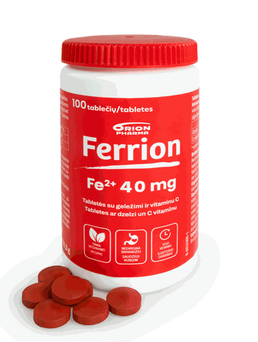 FERRION Tabletes ar dzelzi un C vitamīnu 40mg/60mg, 100 gab.