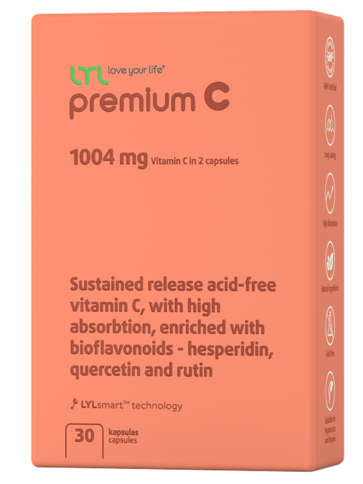 Premium LYL C vitamīna kapsulas, 30 komprimēti graudīši