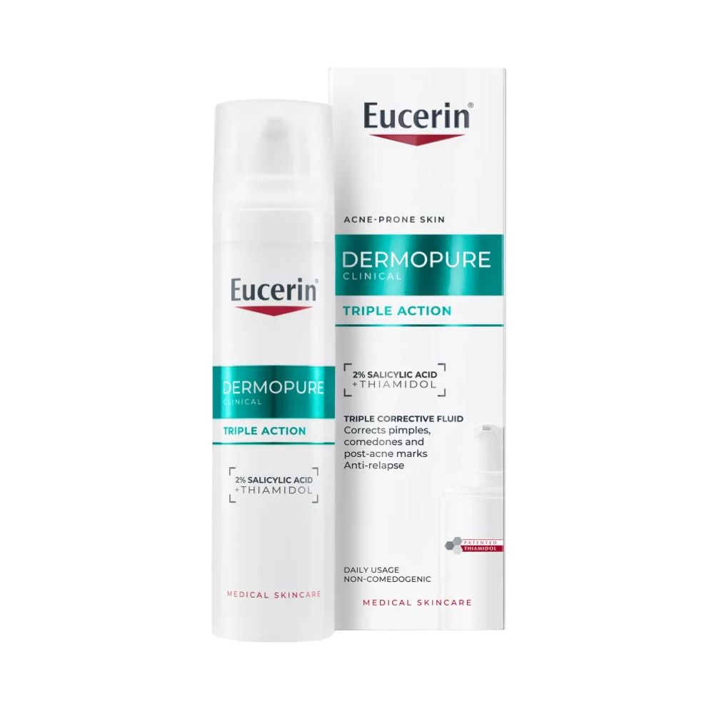 EUCERIN sejas krēms DermoPURIFYER Clinical Triple Correcting Fluids 40 ml – pret pinnēm, pēciepēcniekiem un taukainu spīdumu
