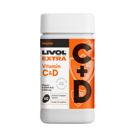 Livol EXTRA Vitamīni C & D – 500 mg C vitamīns + 2000 IU D vitamīns (60 tabletes)