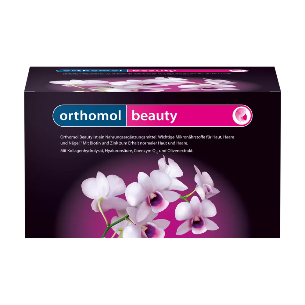 Orthomol skaistuma un ādas mirdzuma atbalsts ar hidrolizētu kolagēnu, hialuronskābi un E vitamīnu – 30 flakoni ar tropu augļu garšu