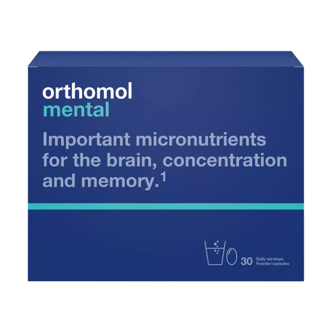Orthomol garīgās veiktspējas atbalsts ar pulveri un kapsulām – 30 porcijas mēneša kursam koncentrācijai un atmiņai
