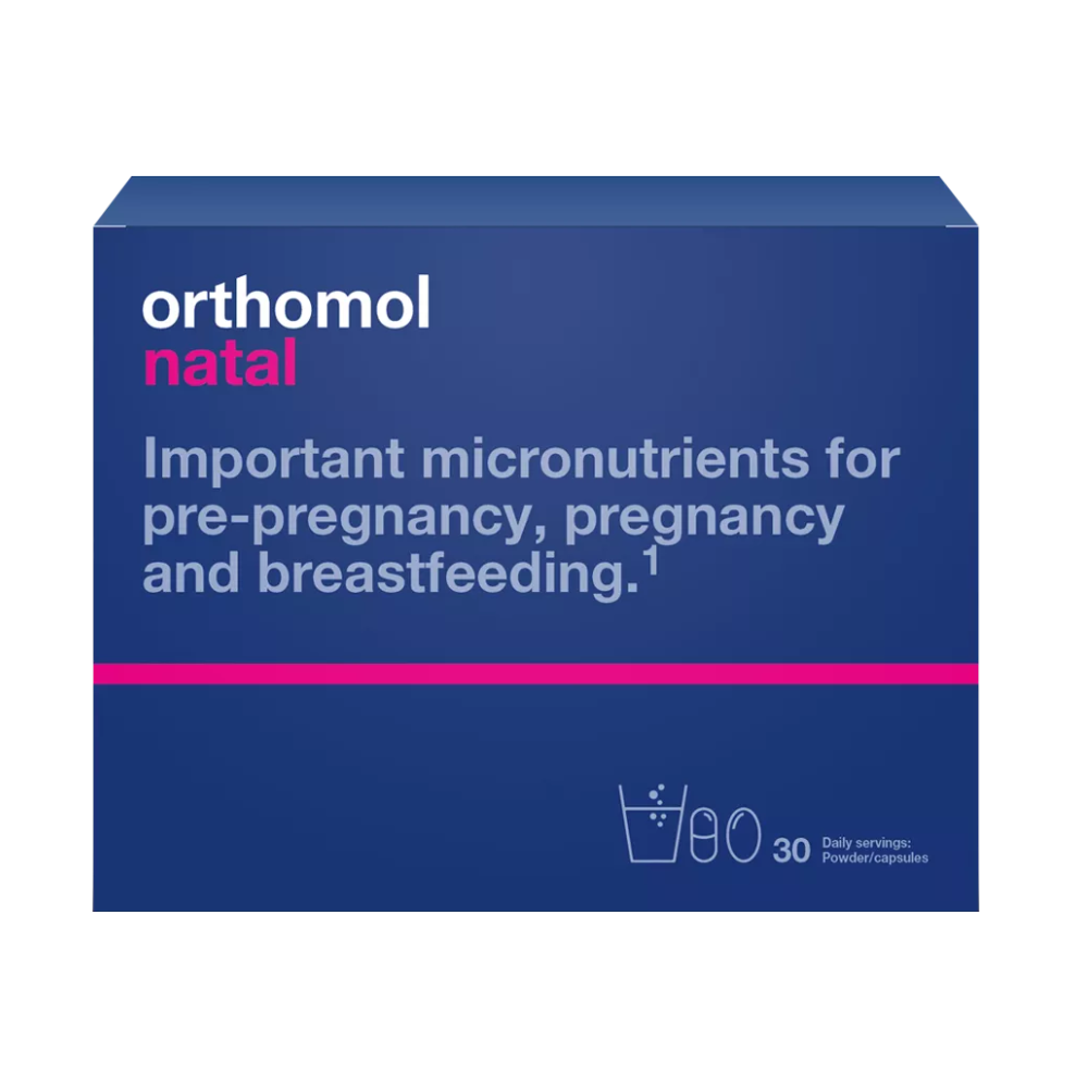 Orthomol grūtniecības un barošanas laika uzturvielu atbalsts ar folskābi, DHA un probiotikām – 30 dienu porcijas pulvera un kapsulu formā