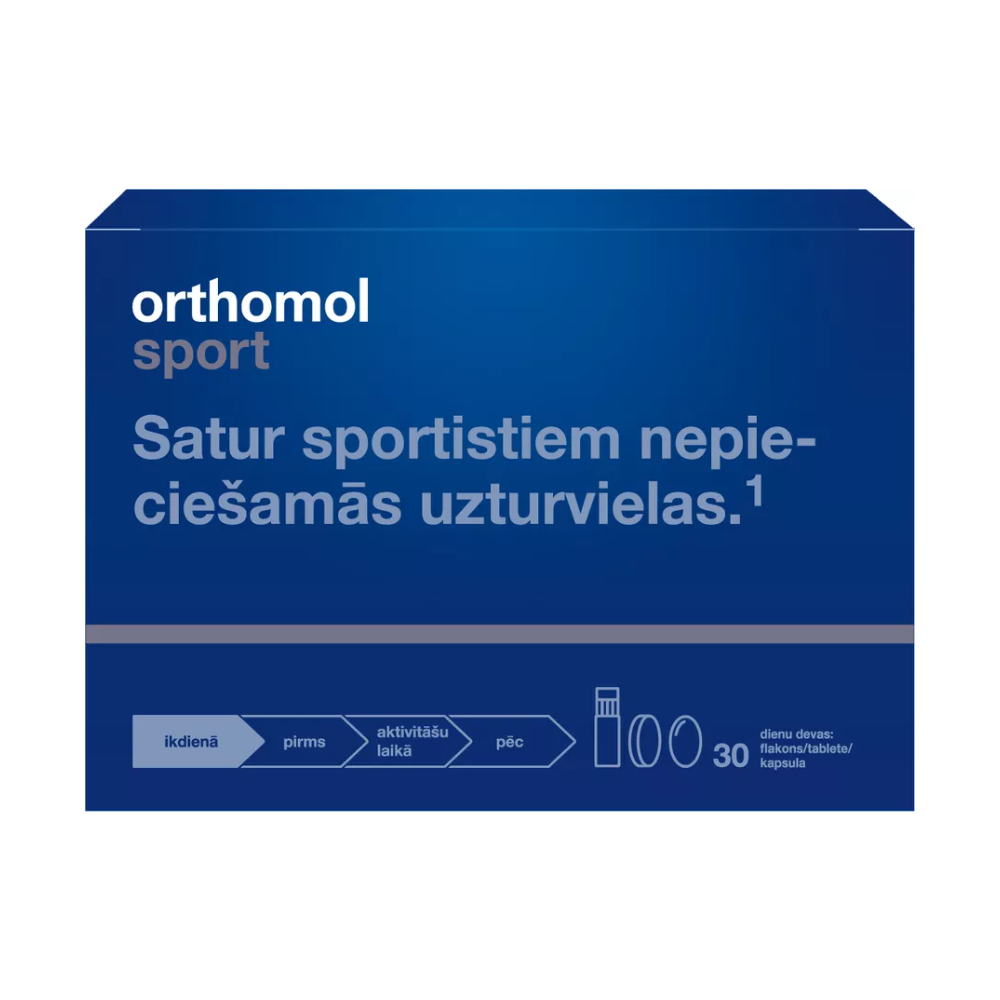 Orthomol sporta veiktspējas un atjaunošanās atbalsts ar magniju, BCAA un L-karnitīnu – 30 dienu komplekts treniņiem un sacensībām
