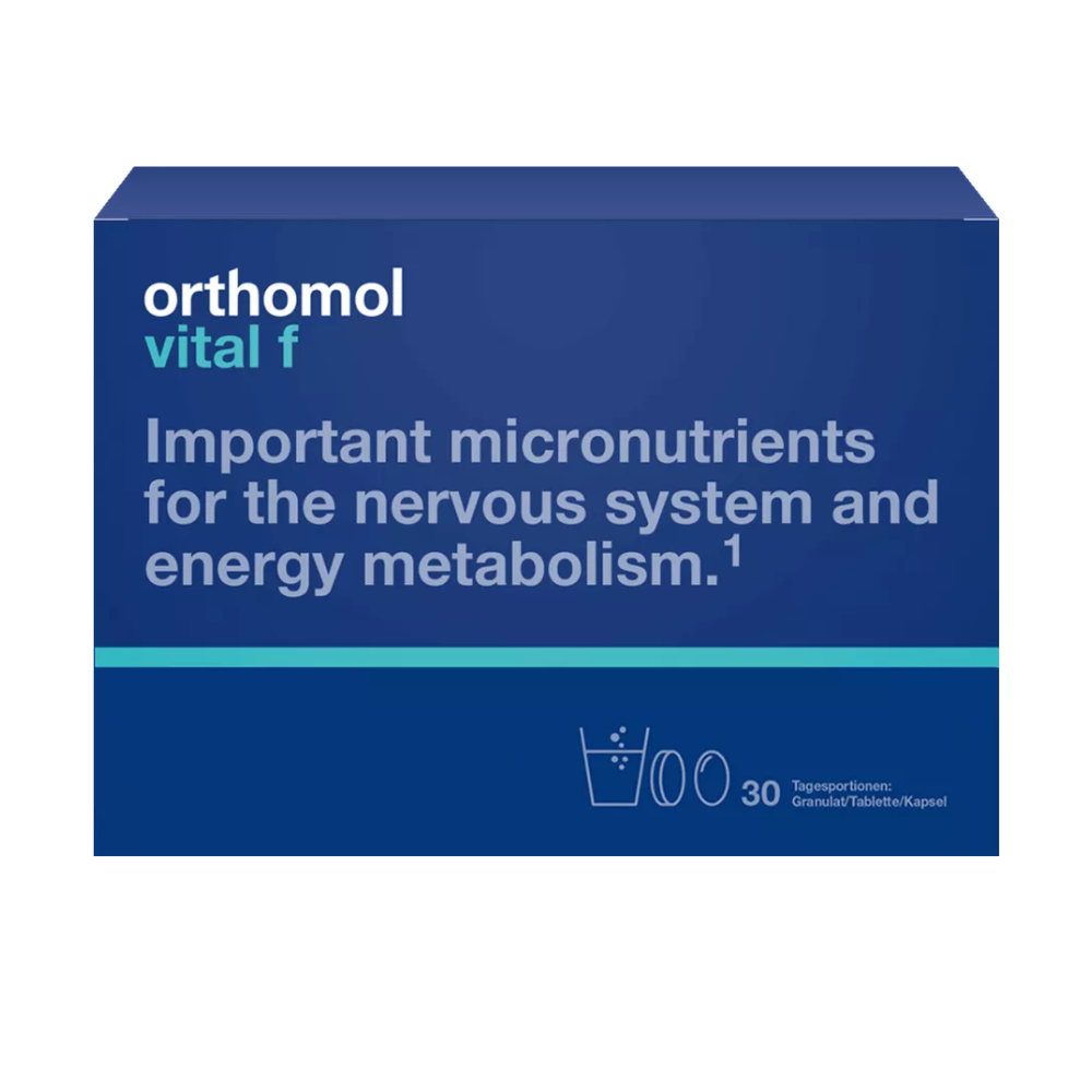 Orthomol sieviešu ikdienas enerģijas atbalsts ar B vitamīniem, magniju un omega-3 – 30 dienu porcijas pulvera, tablešu un kapsulu formā apelsīnu garšā
