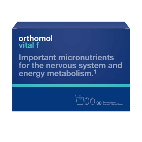 Orthomol sieviešu ikdienas enerģijas atbalsts ar B vitamīniem, magniju un omega-3 – 30 dienu porcijas pulvera, tablešu un kapsulu formā apelsīnu garšā