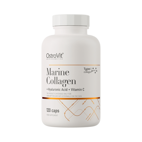 OstroVit Marine Collagen + Hyaluronic Acid + Vitamin C 120 kapsulas – Jaunībai, skaistumam un locītavu veselībai